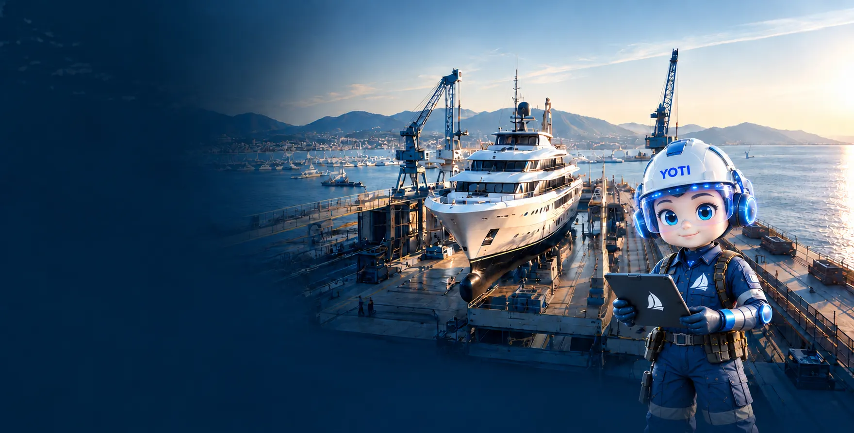 Yoti, the YotiPro mascot, white hard hat and tablet in hand, on the quay of a boatyard at sunset: a yacht on the hard under the cranes, the bay and the mountains behind.