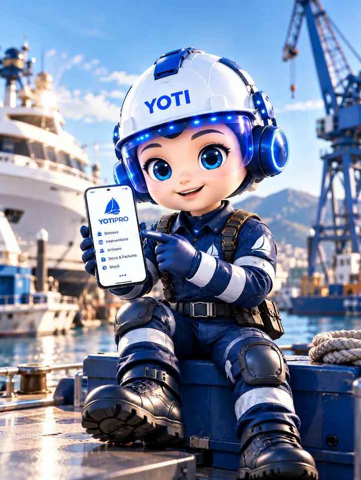 Yoti, the YotiPro mascot, sitting on a quay, shows the YotiPro app on a phone: boats, jobs, craftsmen, quotes and invoices, stock.