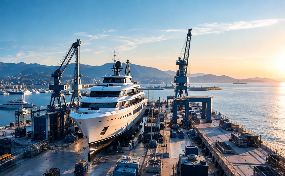 A large yacht on the hard in a boatyard, under the cranes, at sunset.