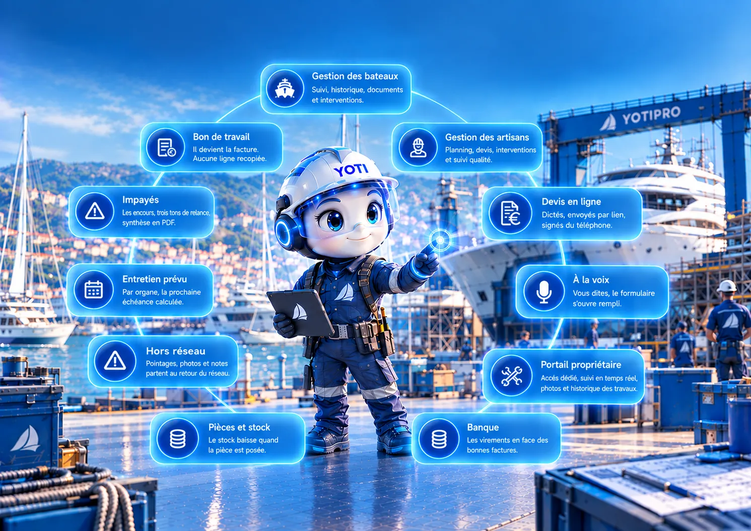 Yoti, the YotiPro mascot, on the quay of a boatyard, surrounded by the platform's features: boat management, work order, craftsmen management, overdue invoices, online quotes, planned servicing, voice, offline, owner portal, parts and stock, bank.
